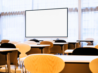 Mock up blank Screen indoor Seminar room Seat row Business education training
