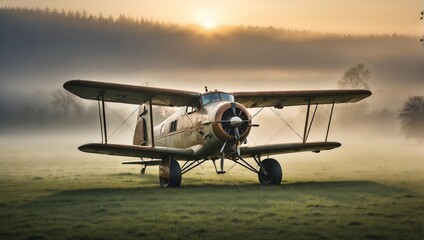 A vintage propeller plane parked on a grassy field, with the early morning fog gently lifting Generative AI - obrazy, fototapety, plakaty