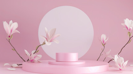 3D rendering of a podium for product display with magnolia flowers on a pink background