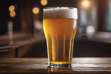 Cold beer in a glass, close up in a dark pub with a sunset light on it. Beer banner. Generative Ai