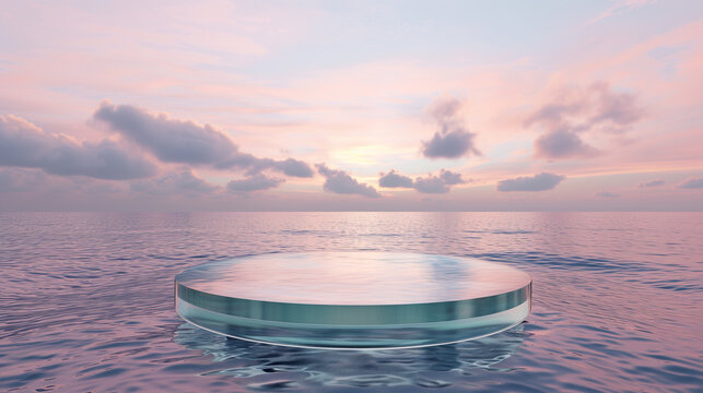 3D rendering of a glass podium for product display on the surface of the water at sunset
