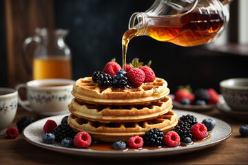 Plate of waffles and mix berries with maple syrup being poured. Generative AI. - Powered by Adobe