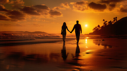 Silhouette of a romantic couple holding hands and walking on the beach at sunset.