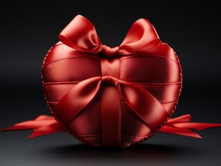 Heart shaped red silk bow on dark background.