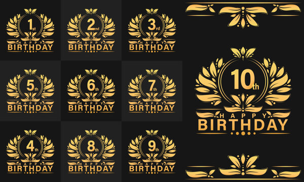 Birthday celebrations Logo Set 1st-10th Collections. Luxurious greeting Birthday celebration background.