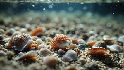 Seashells on sand. Sea summer vacation background.