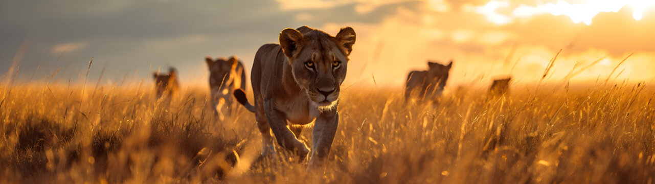 Fototapeta Lions standing in the savanna with setting sun shining. Group of wild animals in nature. Horizontal, banner.