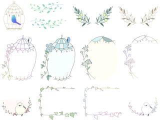 手描き線画の鳥籠と鳥と植物のフレーム素材セット