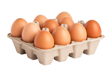 ten brown chicken eggs in a cardboard tray isolated on PNG Background. Generative Ai.