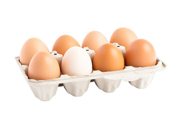 ten brown chicken eggs in a cardboard tray isolated on PNG Background. Generative Ai.