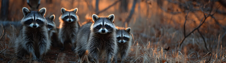 Naklejka na ściany i meble Racoon family in the forest with setting sun shining. Group of wild animals in nature. Horizontal, banner.
