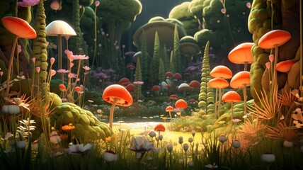 Beautiful art nature fantasy forest glowing mushroom wallpaper - obrazy, fototapety, plakaty