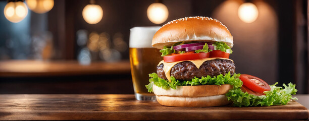 A glass of fresh cold light beer with gourmet hamburger in a bar and a dark pub. Banner conept....