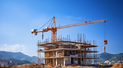 Industrial crane and building construction site with blue sky background
