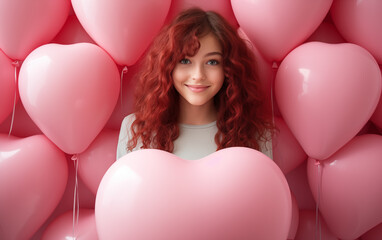 Happy girl holding a heart shaped balloon in pink heart balloon background. Concept of love and valentine's day. Generative AI