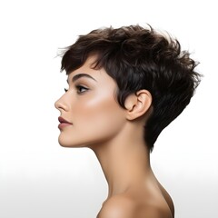 a famale model with Pixie cut, side view isolated on white background