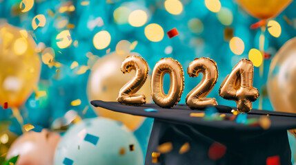 Graduation poster 2024. Graduate cap with balloons and confetti.