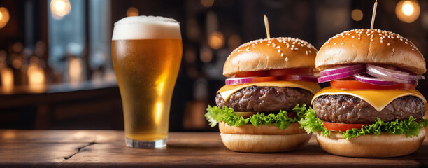 A glass of fresh cold light beer with gourmet hamburger in a bar and a dark pub. Banner conept....