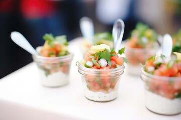 individual cups of pico de gallo at a party spread - obrazy, fototapety, plakaty