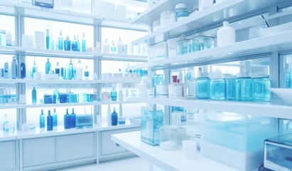 pharmaceutic store with white shelves and cosmetic products.