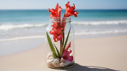 A Captivating Gladiolus Jar Amidst Beach Serenity AI GENERATED