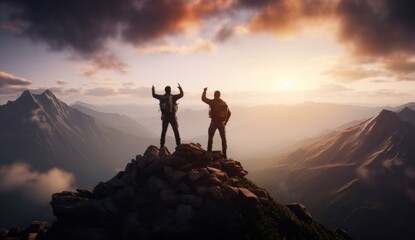 two men standing at top of a mountain.