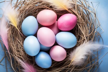 Fototapeta premium Soft hues of pink, blue, and yellow converge, providing an idyllic Easter background for advertising creativity.