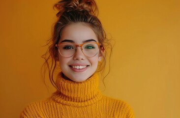portrait of happy young woman wearing glasses.