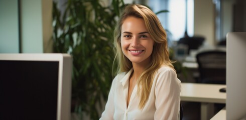 smiling modern woman sitting at her desk at office in sunny day.