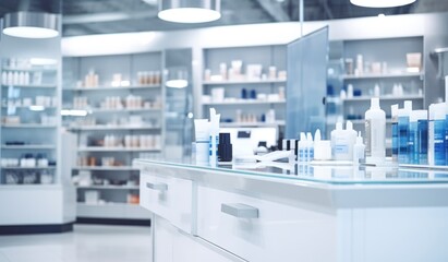 pharmaceutic store with white shelves and cosmetic products.