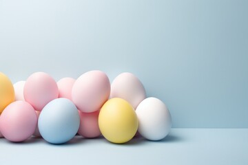 Fototapeta premium Soft hues of pink, blue, and yellow converge, providing an idyllic Easter background for advertising creativity.