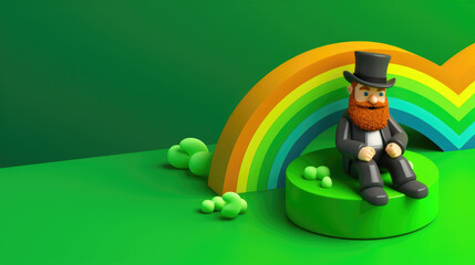 3d isometric leprechaun with rainbow, St. Patrick's day banner on green