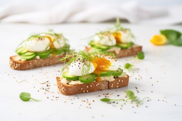 poached egg avocado toast on marble surface, microgreens sprinkle