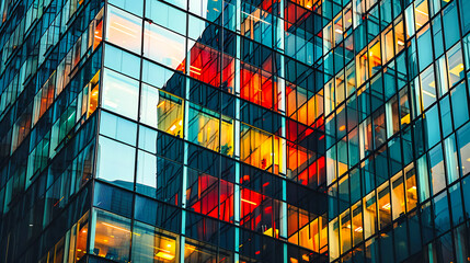 Futuristic City Reflections: Reflections of a futuristic cityscape on the glass facade of a modern building