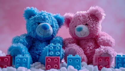 Blue and pink teddy bears playing with a stack of colorful building blocks their adorable interaction and vibrant personalities captured in high definition creating a lively and joyful scene