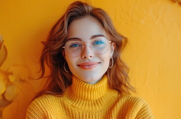 portrait of happy young woman wearing glasses.