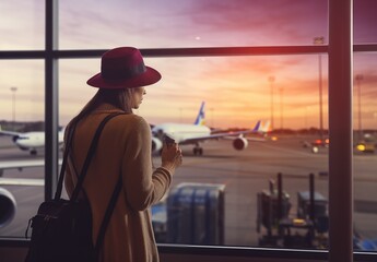 Fototapeta na wymiar woman is standing at airport looking at plane
