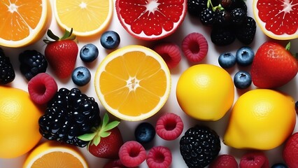 lemon and grapefruit on table, Strawberry, raspberry, blueberries 