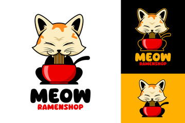 Vector Cat Bowl of Ramen Shop Restaurant Logo Design