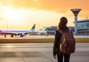 woman is standing at airport looking at plane