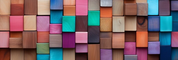 Colorful wooden blocks arranged in a row on a wide format background with space for text.
