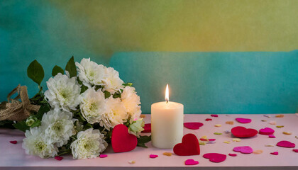A candle, flowers and hearts on the table, with enough space for writing, candles and flowers.
