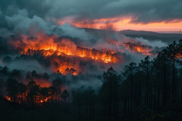 A dangerous forest fire at night, with raging flames and billowing smoke, threatening nature.