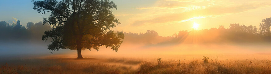 Foggy Field With Lone Tree in Foreground