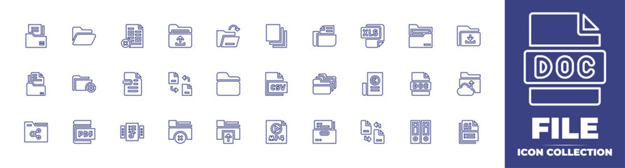 File line icon collection. Editable stroke. Vector illustration. Containing folder, open, download, documents, paper, upload, csv, exchange, doc, pdf file, files, file upload, ai file format, file.