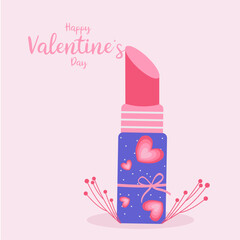 Flat Design Happy Valentine's Day Illustration with Lipstick and Ribbon