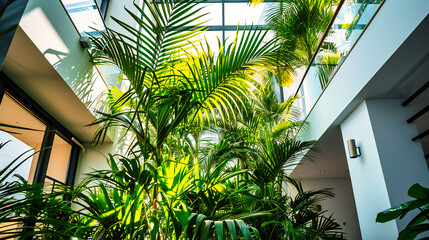 Fototapeta na wymiar Tropical Botanical Paradise: A botanical paradise with greenery, flowers, and a glasshouse creating a serene environment