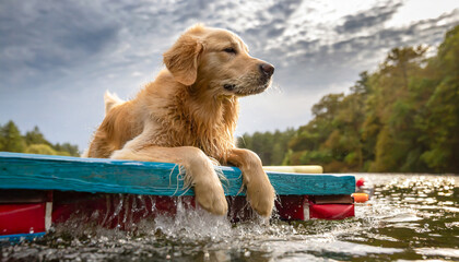 A Golden Retriever dog on a pier by the river