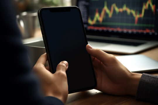 Male cryptocurrency trader investor analyst hand holding cell phone with black mockup screen doing stock market data price analysis using trading mobile app, stock application ads.