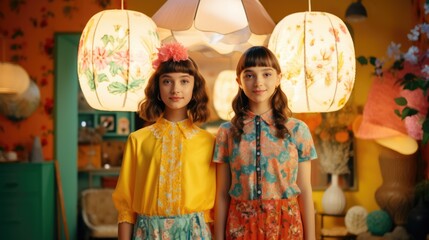 Two girls in bright floral retro 60s costumes in a retro interior. Scenery during the shooting of...
